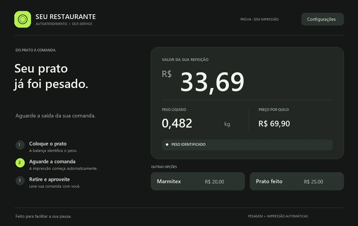 Prévia da tela do QuiloPronto: peso de 0,482 kg, preço por quilo de R$ 69,90 e total de R$ 33,69.